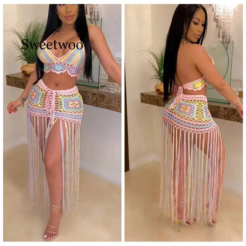 2020 New crochet Knitted beach dress sexy women crop top+ long tassel skirts bikini swimwear cover up Robe De Plage 3 piece swimsuit with cover up