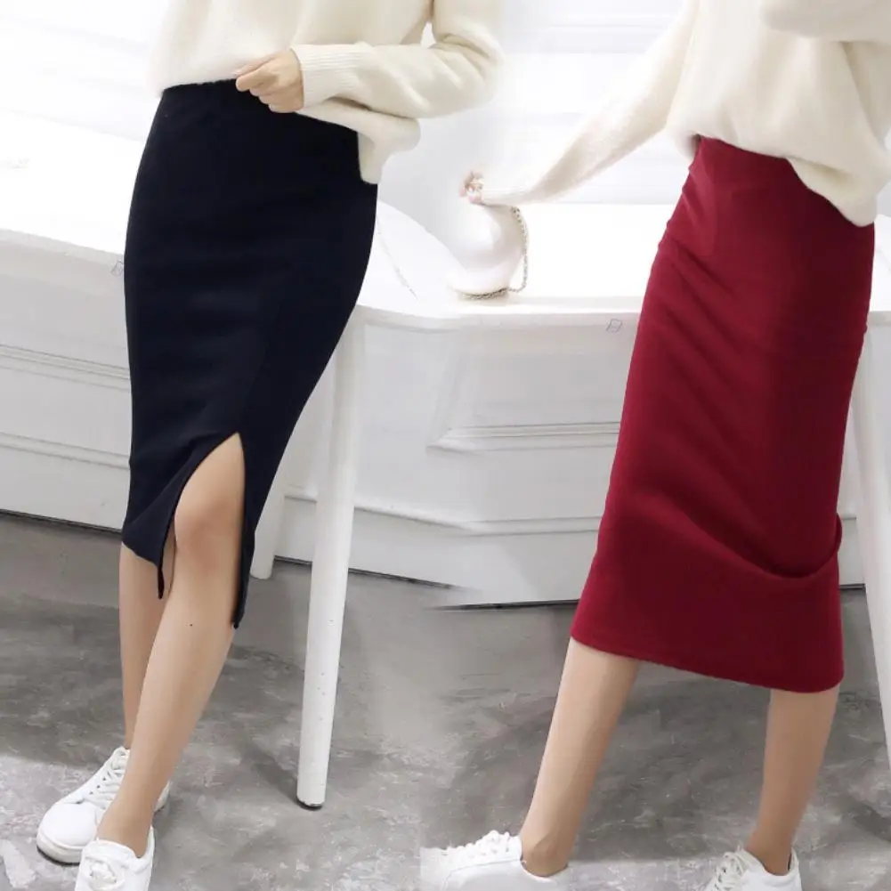 Женская Осенняя однотонная эластичная облегающая юбка миди с высокой талией и
