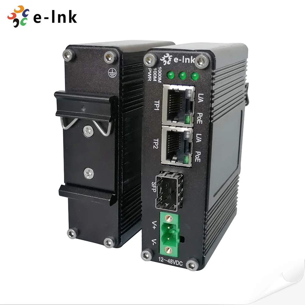 Мини промышленный 1 порт 100/1000X SFP в 2 порта 10/100/1000T 30 Вт PoE + медиаконвертер с входом 12