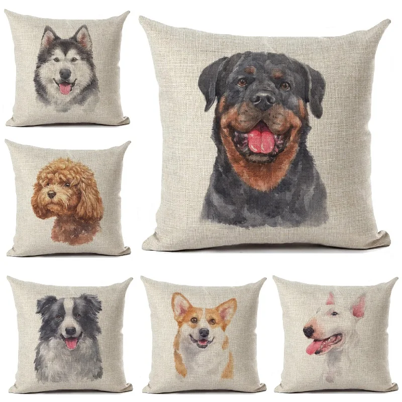 Rottweiler Schnauzer Bulldog Corgi Border Collie Dog Printed Linen Cotton Cushion Cover Living Room Decorative Throw Pillow Case
