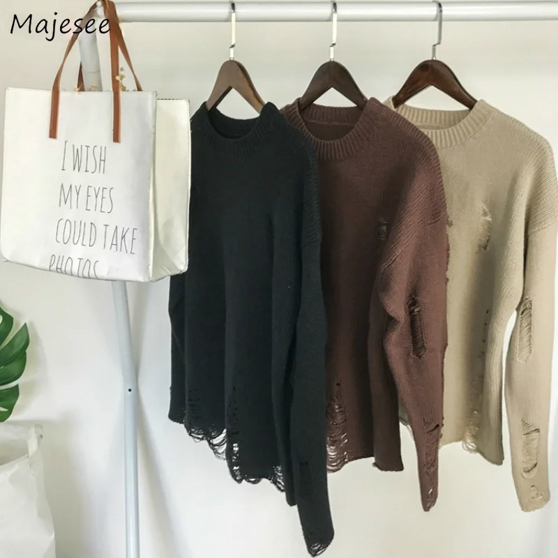 

Пуловер мужской, с дырками, свободный, однотонный, простой, трикотажный, в стиле Харадзюку