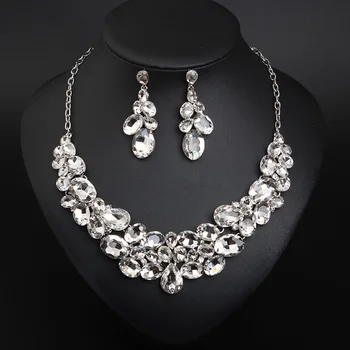 

Luxury Crystal Necklace Earring Set Women Bridal Fashion Rhinestone Jewelry Sets Indian Statement Choker Bibs Chain Bibs Gifts