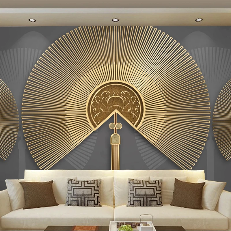 Custom Mural Wallpaper Chinese Style Beautiful Sector 3D Golden Embossed Lines Fresco Living Room TV Study Self-Adhesive Sticker