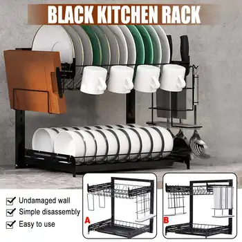 

2 Tiers Dish Drying Rack Holder Basket Plated Iron Home Washing Kitchen Sink Dish Drainer Drying Chopping Block Rack Organizer