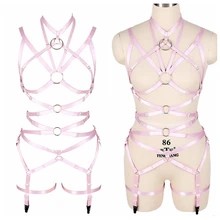 Хэллоуин рейв топ из ремешков бюстгальтер розовый Боди клетчатый Высокая талия с поясом чулки с подвязками набор женский сексуальный панк плюс размер эластичный полый