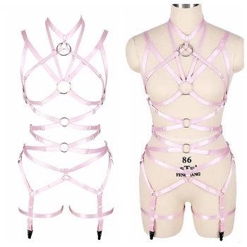 

Halloween Rave Harness Top Bra Pink Body Caged High Waist Belt Garter Stockings Set Women Sexy Punk Plus Size Elastic Hollow