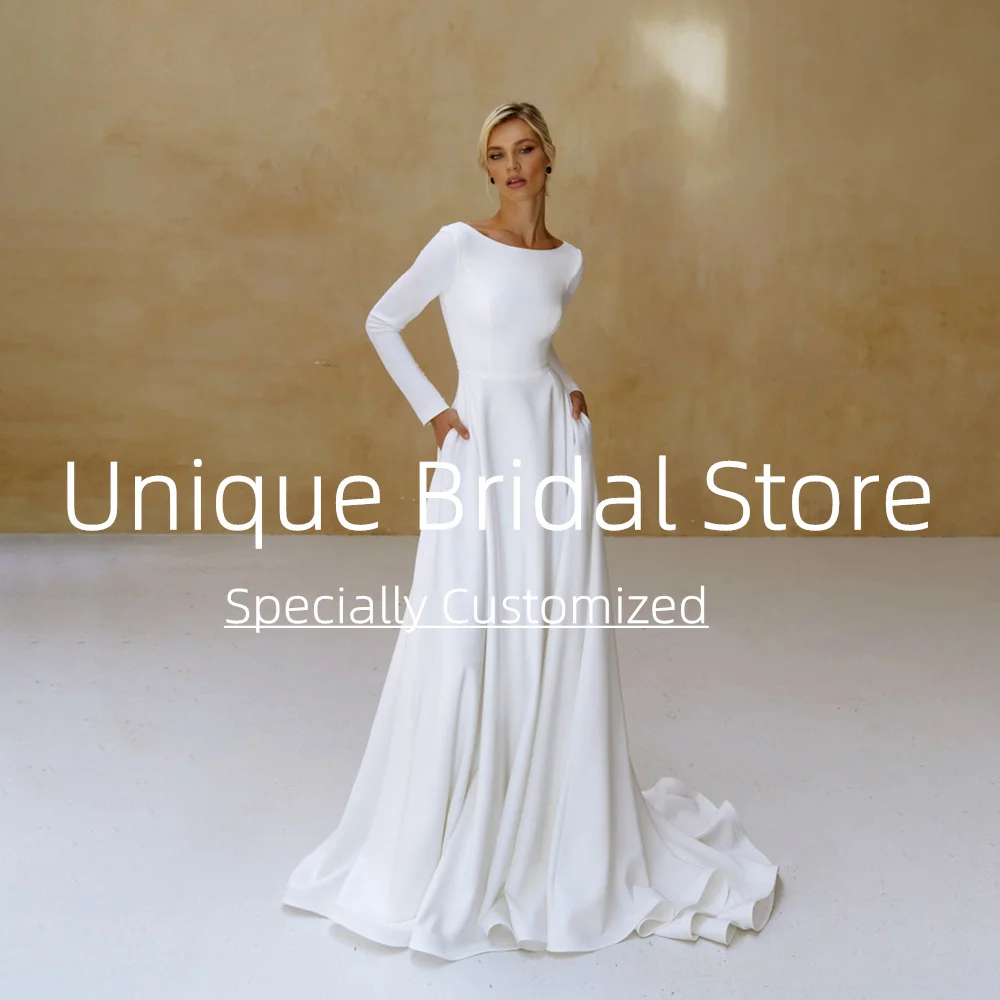 UETEEY Boat Neck Jersey Wedding Dress A-Line  Long Sleeve Zipper Back Sweep Train 2022 Bride Gowns Vestido De Noiva