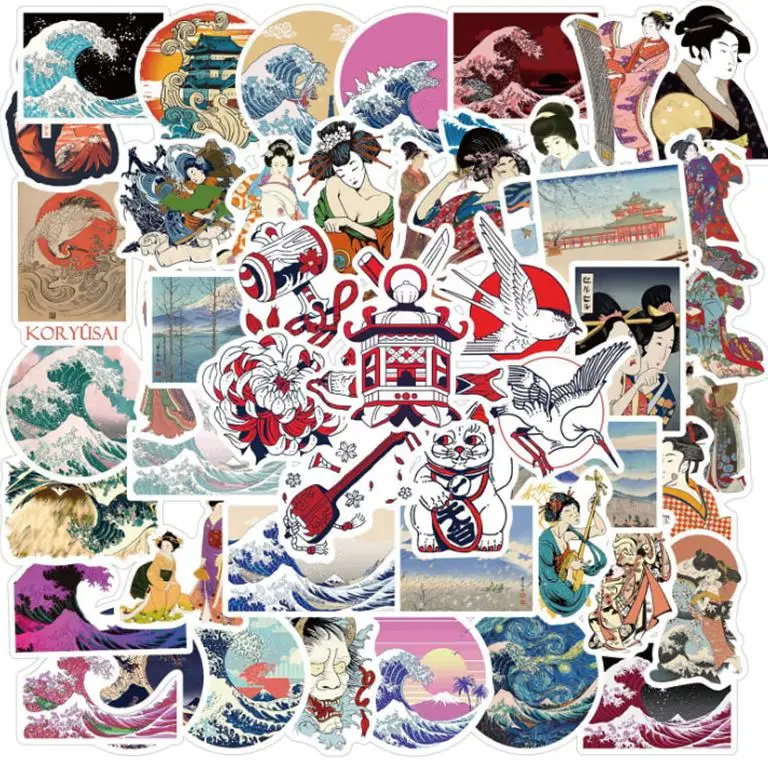 

10/30/50pcs Ukiyo-e Sea Graffiti Waterproof Skateboard Travel Suitcase Pencil Cases Walls Floors Phone Laptop Luggage