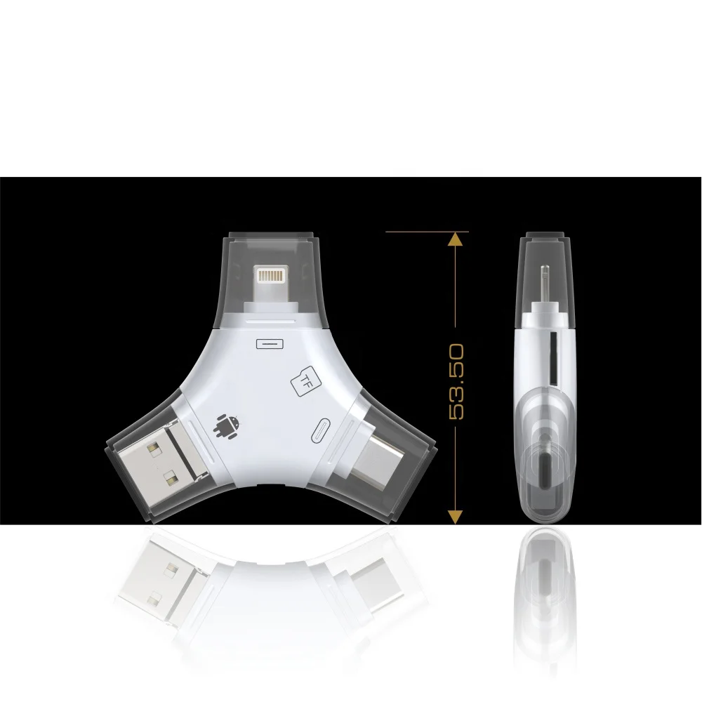 Портативный 4 в 1 type C Micro 8pin USB 2,0 портативный пластиковый SIM TF кард-ридер писатель мобильный телефон/ПК OTG