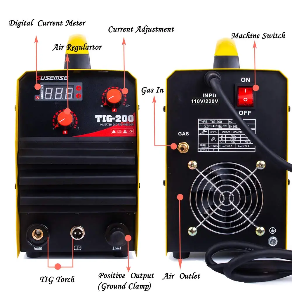 TIG сварочный высокочастотный 200Amp двойной напряжение 110/220 В портативный прибор для ручной дуговой сварки DC Инвертор Цифровой TIG сварочный аппарат