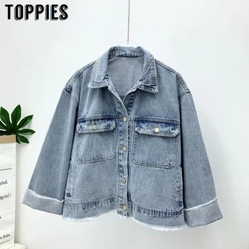 

Vintage Blue Jeans Jacket Women Photograph Tassel Denim Coat 2020 Spring Korean Woman Jacket Streetwear