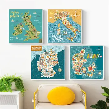 

Cartoon World Country Travel Map Home Decor Wall Art Nordic Canvas Painting Humanistic Customs Posters Prints for Teaching Room