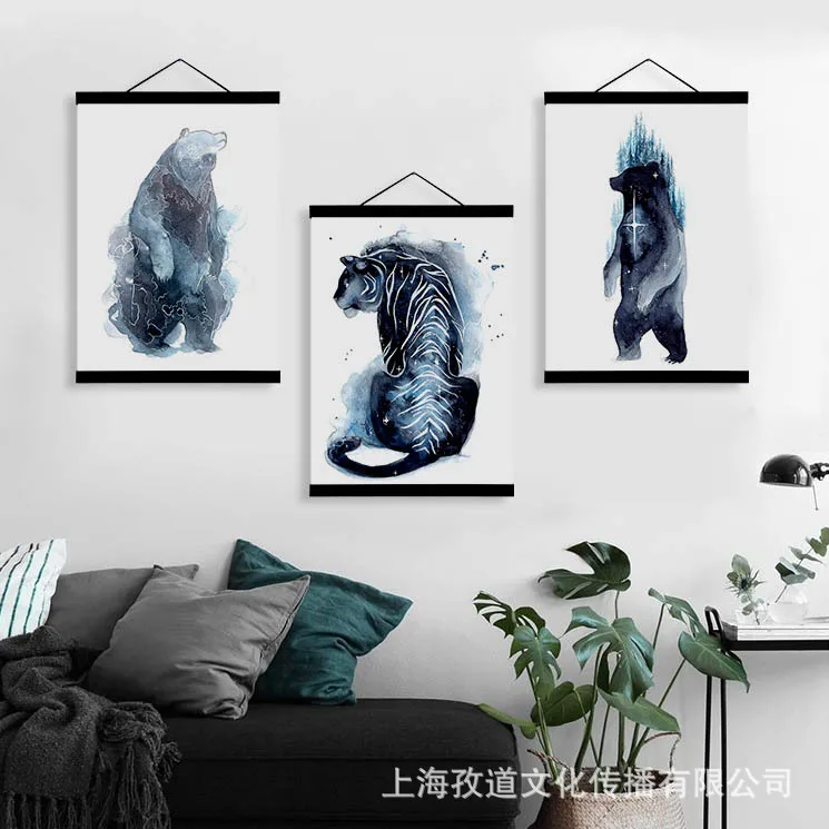

Mild Art Solid Wood gua zhou hua Blue Watercolor Abstract dong wu bear Bar Entrance Decoration Scroll Painting a Generation of F