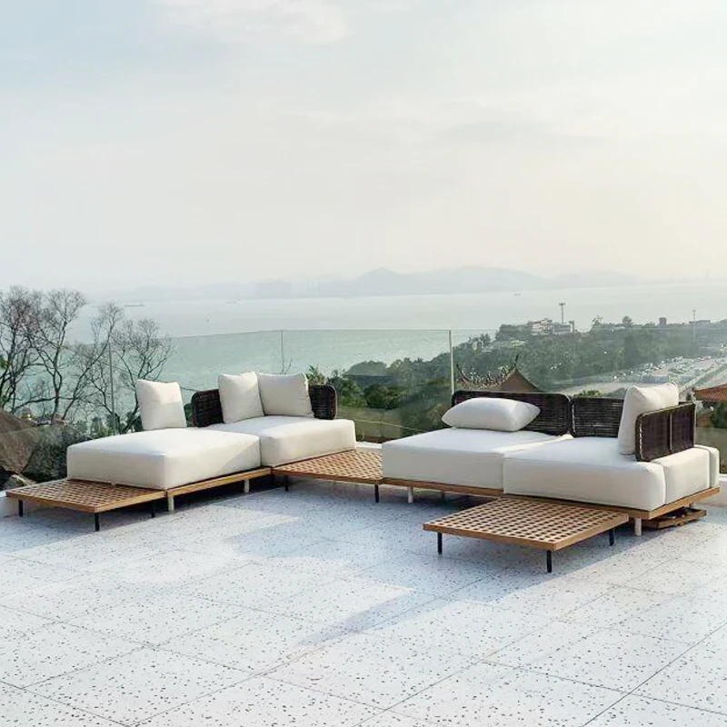 Outdoor Sofa Teak Villa Leisure Combination Rattan Chair Solid Wood Tea Table Garden Courtyard Model Room Furniture