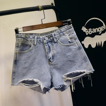 

Cool Holes Jeans Shorts Women's Summer High-waisted Loose-Fit Shorts Hot Pants Irregular Short Jeans Woman Blue Denim Shorts