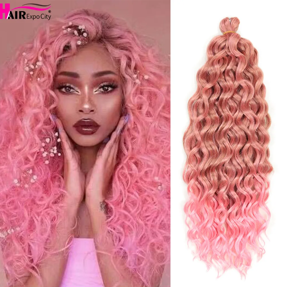 18-24 Inch Ocean Wave Crochet Braid Hair Hawaii Afro Curls Natural Synthetic Braiding Hair Extensions Pink 613 Hair Expo City