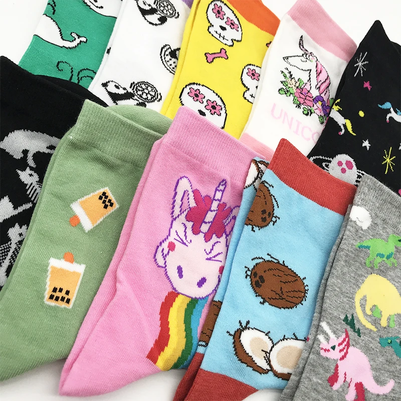 VPM, цветные хлопковые женские носки Harajuku Kawaii, новинка, милые Мультяшные забавные носки с изображением мороженого, кота, радуги, единорога, черепа, динозавра, подарки