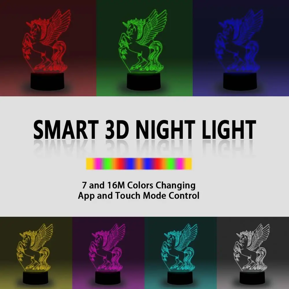 NiteApps 3D единорог с крыльями светодиодный ночник настольная иллюзия Лампа подарок на день рождения приложение/сенсорное управление