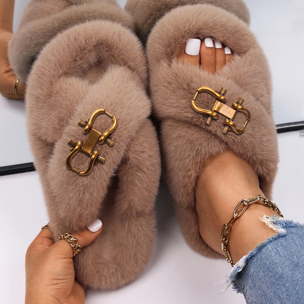 Fashion Slippers Women Buckle Decor Furry Slides Ladies Fluffy
