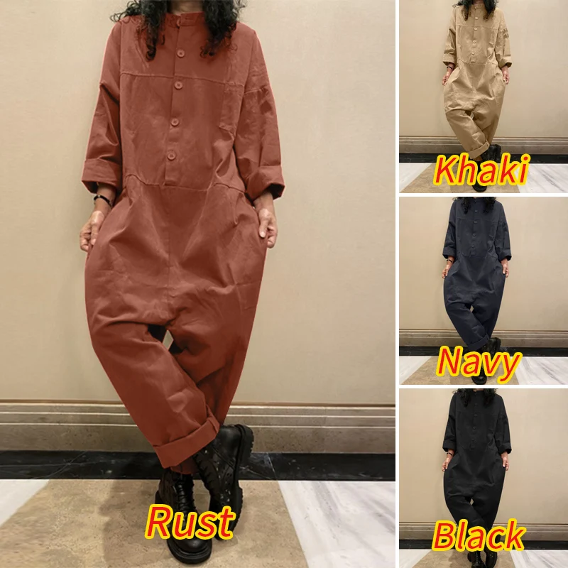Women's 2023 ZANZEA Vintage Drop Crotch Jumpsuits Spring Pants Casual Long Sleeve Playsuits Female Solid Button Romper