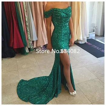 

High Side Split Emerald Green 2018 Vestido De Festa Off The Shoulder Sequin Mermaid Long Prom gown Formal bridesmaid dresses