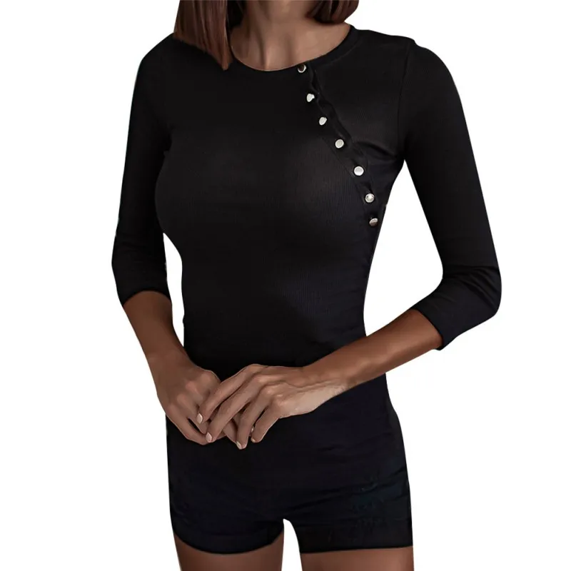 

Spring Autumn Knitted Tops Pullover Women Casual Solid Color Long Sleeeve T-shirt Lady Button Round Neck T-shirts