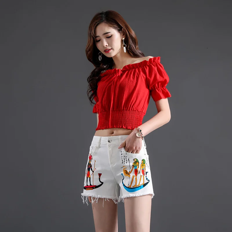 

New Summer Print Denim Shorts Women OL Style Casual White Loose Tassel Shorts Street Painted Zipper Straight Short Jeans Female