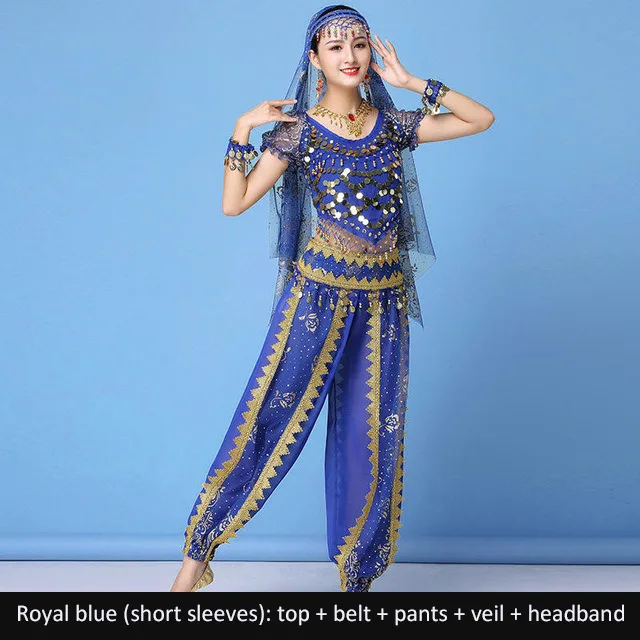 Blue short sleeves Сари танцевальная одежда женский набор костюма для танца живота индийские танцевальные костюмы болливудская одежда 8 шт. Топ+ пояс+ брюки+ вуаль+ головной убор+ реквизит - Цвет: Blue short sleeves