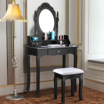 

3 Drawer Mirror Makeup Dressing Table Stool Set Dresser for Bedroom Furniture Set HW52950