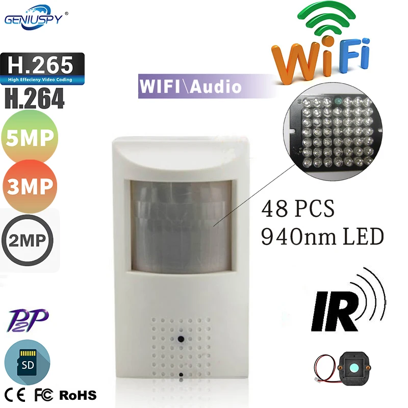 

Geniuspy WIFI TF Slot 2MP 5MP 2560x1920 PIR Style Indoor Wireless IP Camera Invisible 940nm IR LED Built-in MIC camhi