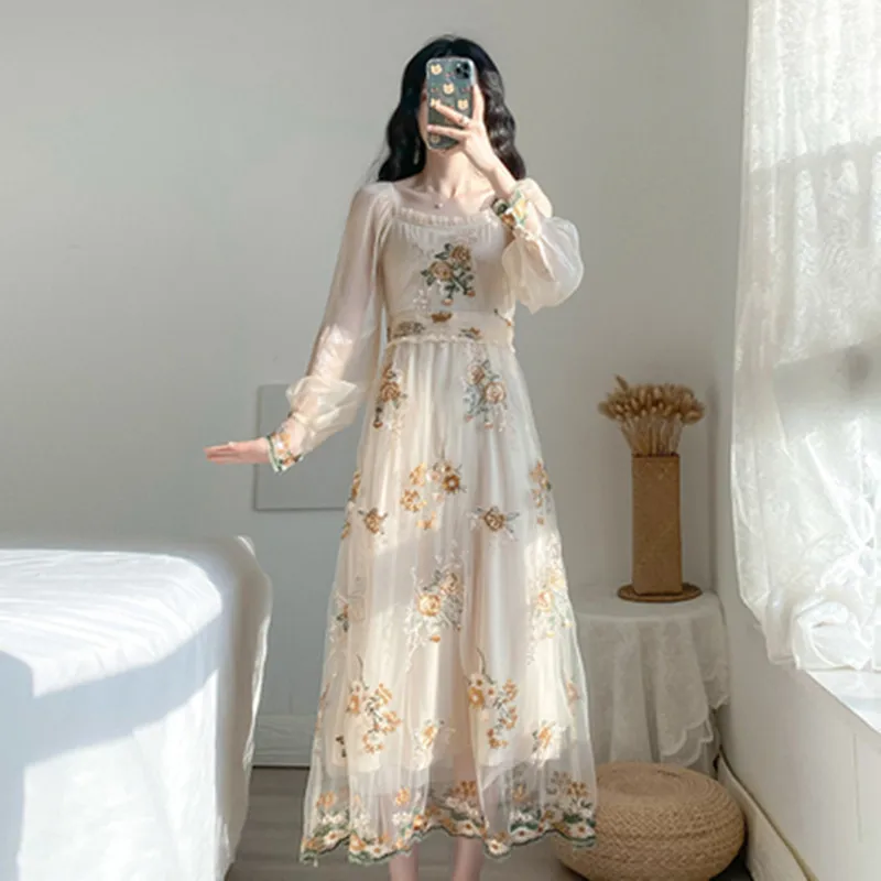 Sweet Embroidery Party Dresses Runway Floral Bohemian Flower Embroidered Women Elegant Mesh 2020 Summer | Женская одежда
