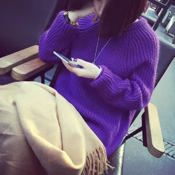 

2019 Korean version of the new round neck collar loose loose thin long section purple knit sweater dress female