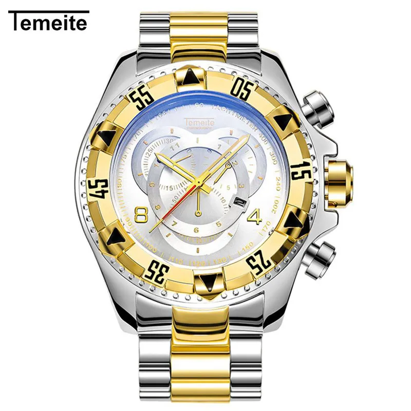 Temeite, роскошные кварцевые мужские часы, модные, нержавеющая сталь, золотые наручные часы, большой циферблат, спортивные часы, водонепроницаемые, Relogio Masculino - Color: silver gold white