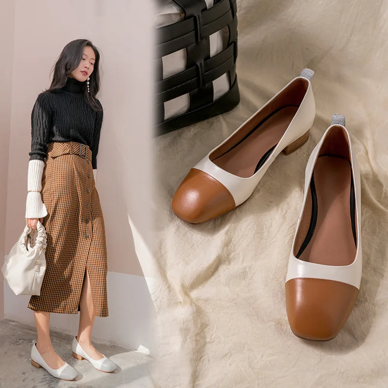 

2019 Spring New Style Square Head Low Heel WOMEN'S Thin Shoes Low-Cut Square Heel Europe And America Retro Versatile Size Code L