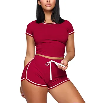 

Summer Sports Women Sets 2Pcs Tracksuits Short Sleeve Crop Top Jogging Short Pants Sports Outfit Casual Suit Workout Clothes