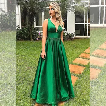 

Green V Neck Prom Dresses Formal Party Dress For Women Lace Up Back Satin Prom Gown vestidos De Fiesta Largos Elegantes De Gala