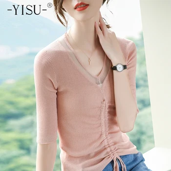 

YISU Fashion Women T Shirt V Neck Middle Sleeve Tight T-shirt Female Clothing Summer Fashion Drawstring Design T-shirt Casual