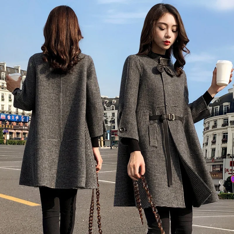 

Woolen Jacket Women's Mid-length Korean-style 2019 Autumn And Winter New Style Popular Cloak A- line INS Thousands of Birds Wool