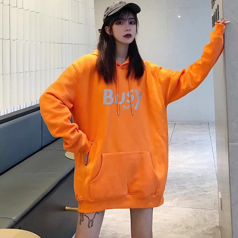Harajuku Reflective Women Hoodie letter print Winter fashion Solid color hip-hop streetwear night shiny pullovers clothes