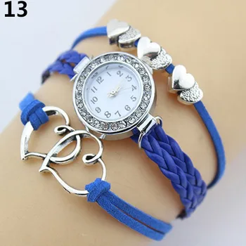 

Women Casual Vintage watches Double Heart Multilayer Braid Faux Leather Bracelet Fashion Wrist Watch Lady Quartz Wristwatches
