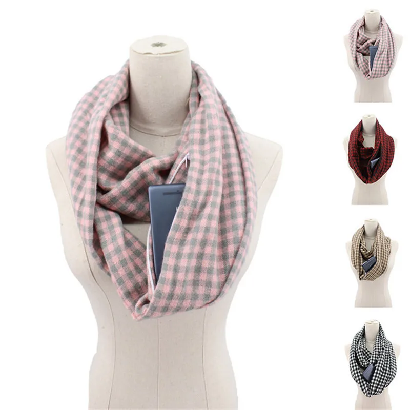 Клетчатый зимний шарф с карманом, вязаный теплый трансформер, женская и мужская накидка с потайной карман с молнией infinity