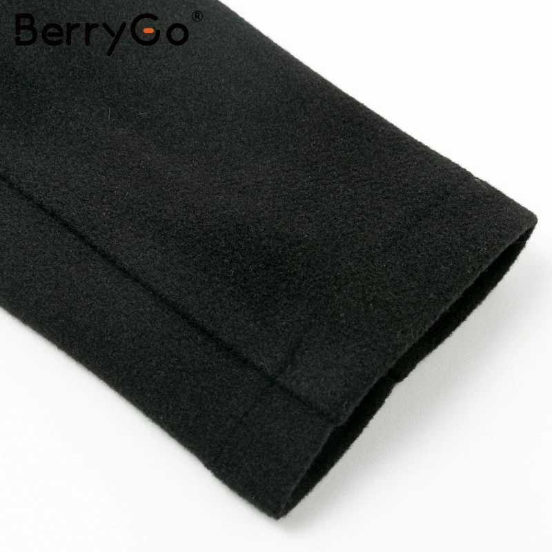 BerryGo модные шерстяные изделия для женщин смесь черное пальто элегантное жемчужное длинное пальто с карманами женский пояс с поясом тонкое осеннее зимнее теплое пальто