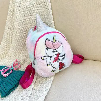 

Children School Backpack Cartoon Rainbow Unicorn Design Soft Plush Material For Toddler Baby Girls Kindergarten Kids School Bags