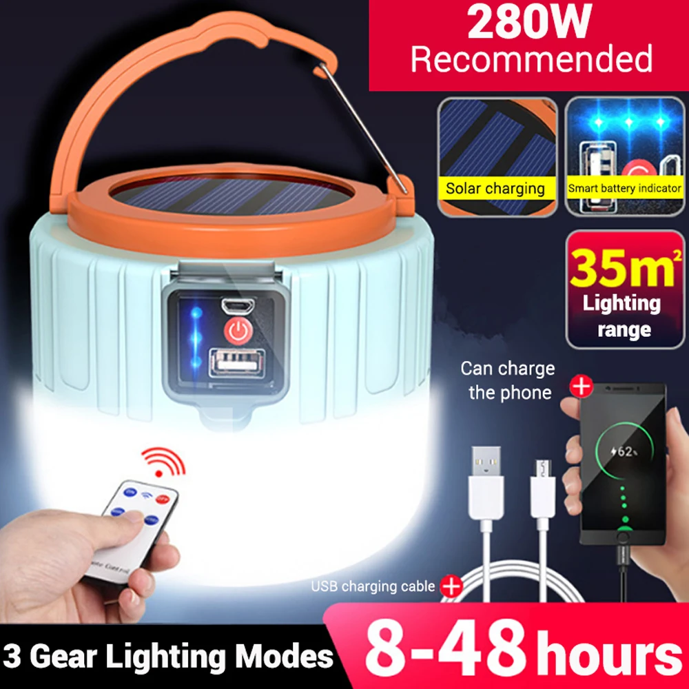 Portable Outdoor Solar Bulb Lanterns Light With Hook Camping BBQ Hiking Lamp USB Rechargeable Waterproof Emergency Tent Lights 3