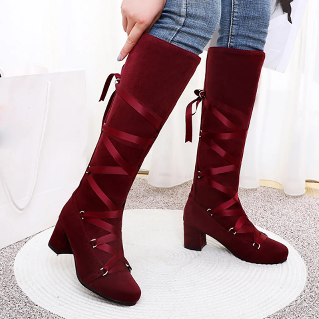 Ladies cross straps knight boots high heel suede temperament handsome European and American style large size high boots