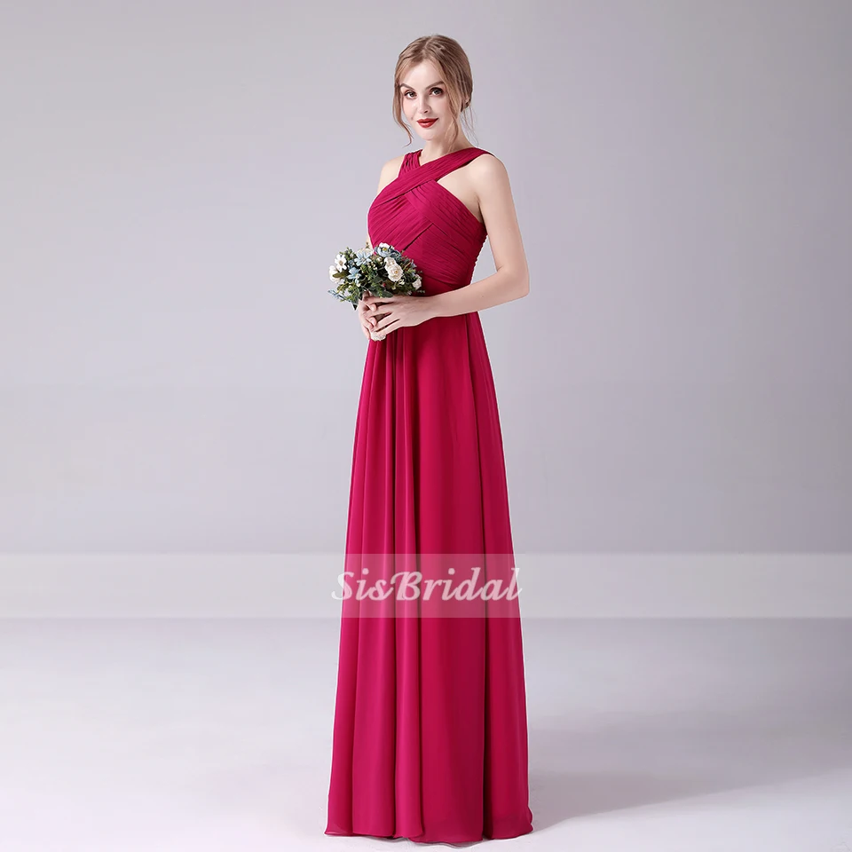 A-Line Высокая шея Длина пола шифон платье невесты с рюшами Ruched