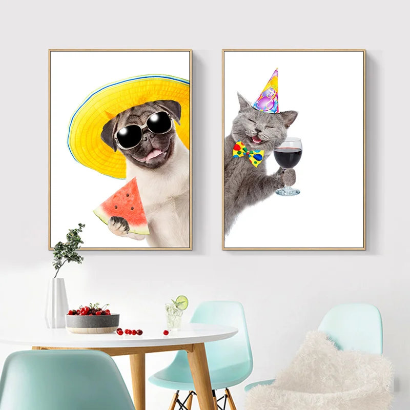 Cute-Pug-Dog-And-Cat-Canvas-Painting-Wall-Art-Funny-Animals-Hold-Winebowl-Poster-Prints-Wall (3)
