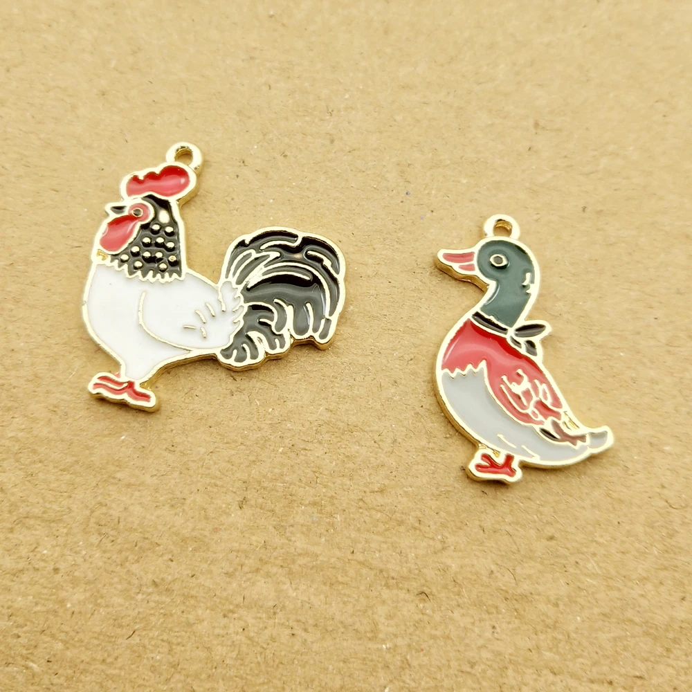 Set of 10 Gold-Plated Enamel Duck Charms