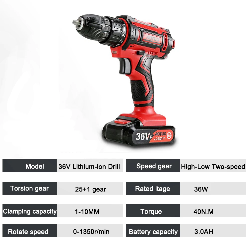 AOTUO 36V электрическая отвертка литий-ионный Батарея Мощность инструменты 2-Скорость Аккумуляторная дрель Перезаряжаемые Мини Многофункциональный дрель