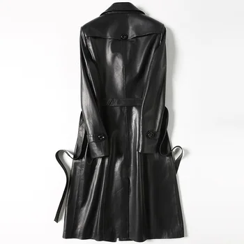 

Jacket Genuine Leather Elegant 100% Women Vintage Slim Black Long Windbreaker Runway Autumn Double Breasted Sheepskin Coat Woman